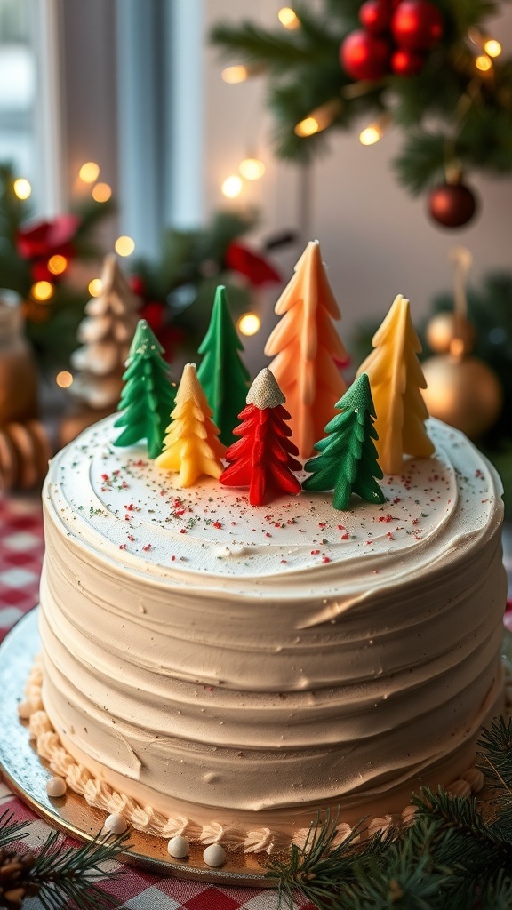 A festive Christmas cake with white icing and marzipan tree decorations on a holiday table.